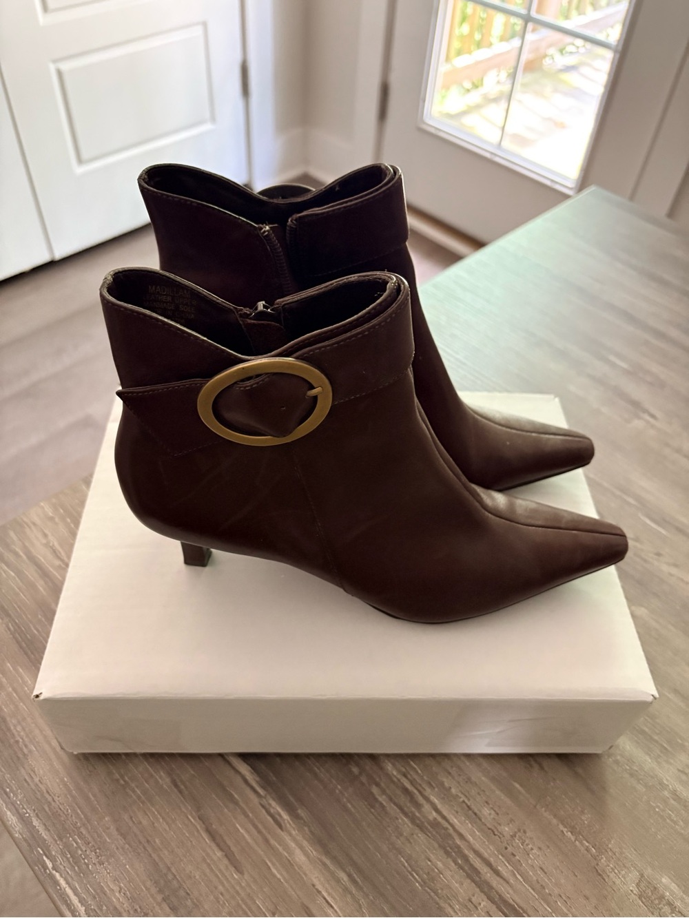 Anne Klein Dark Brown Pointed Toe Ankle Booties with Gold Buckle